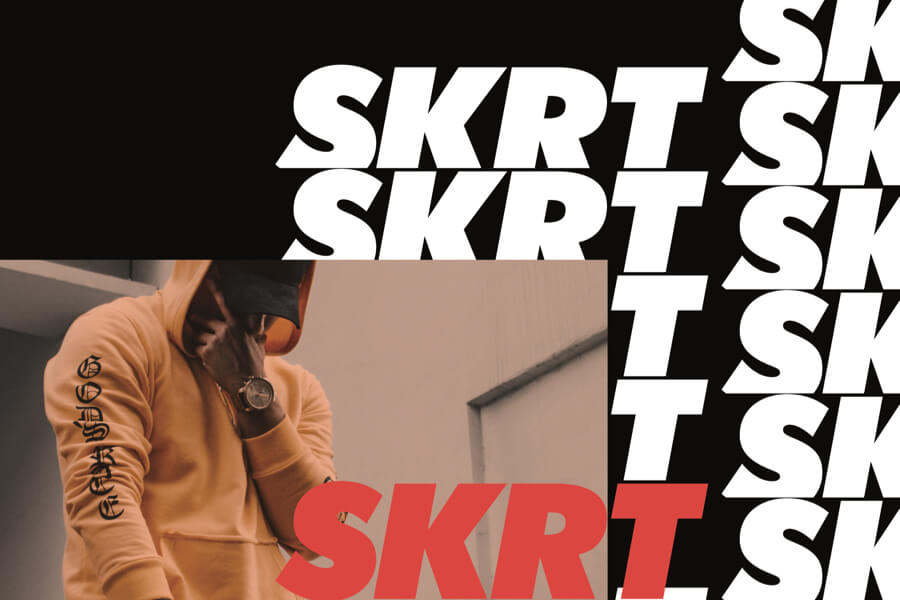 thumbnail image of person with hoodie overlayed with repeating skrt text